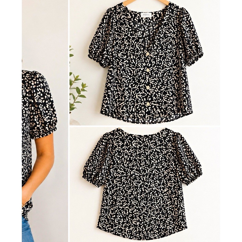 Everly Animal Print Black White V-Neck Button Front Short Sleeve Blouse S